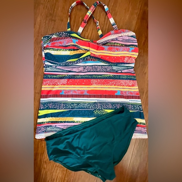 Swimwear Tankini 2PC Multi Graphic Stripe Tank Top Solid High Waist Bikini SZ L - Picture 2 of 8